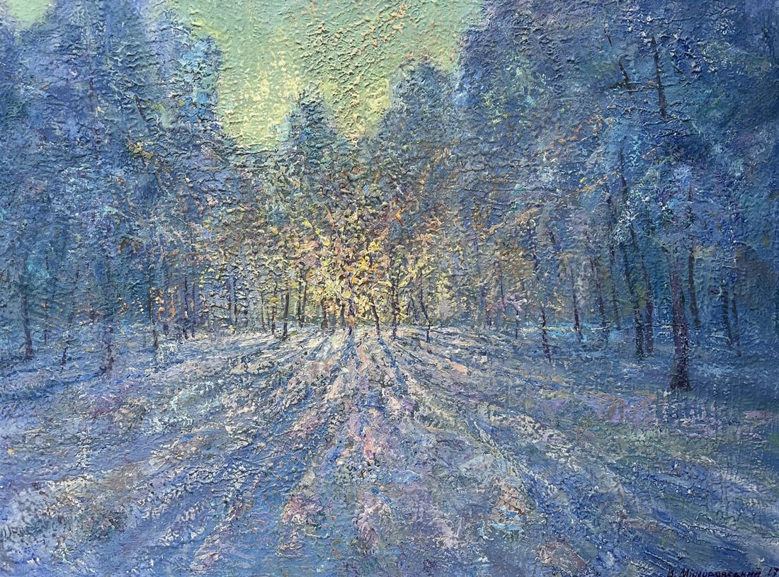 Oil painting A winter's tale V. Mishurovsky: Title: Oil painting A winter's tale V. Mishurovsky Description: No254"A Winter's Tale" by Viktor Myshurovsky beautifully captures the serene and mystical atmosphere of a winter forest. The painting dr
