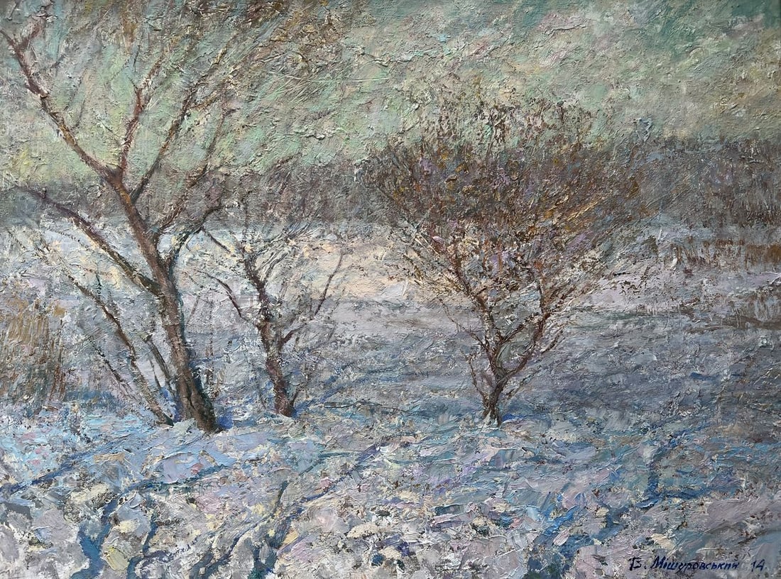 Oil painting Winter morning V. Mishurovsky: Title: Oil painting Winter morning V. Mishurovsky Description: No255In "Winter Morning," Viktor Myshurovsky captures the quiet stillness of a winter landscape at dawn. The painting portrays a scene wh