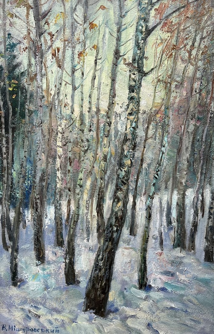 Oil painting Winter birches V. Mishurovsky: Title: Oil painting Winter birches V. Mishurovsky Description: No279"Winter Birches" by Viktor Myshurovsky portrays a serene and quiet forest scene dominated by tall, slender birch trees standing amid
