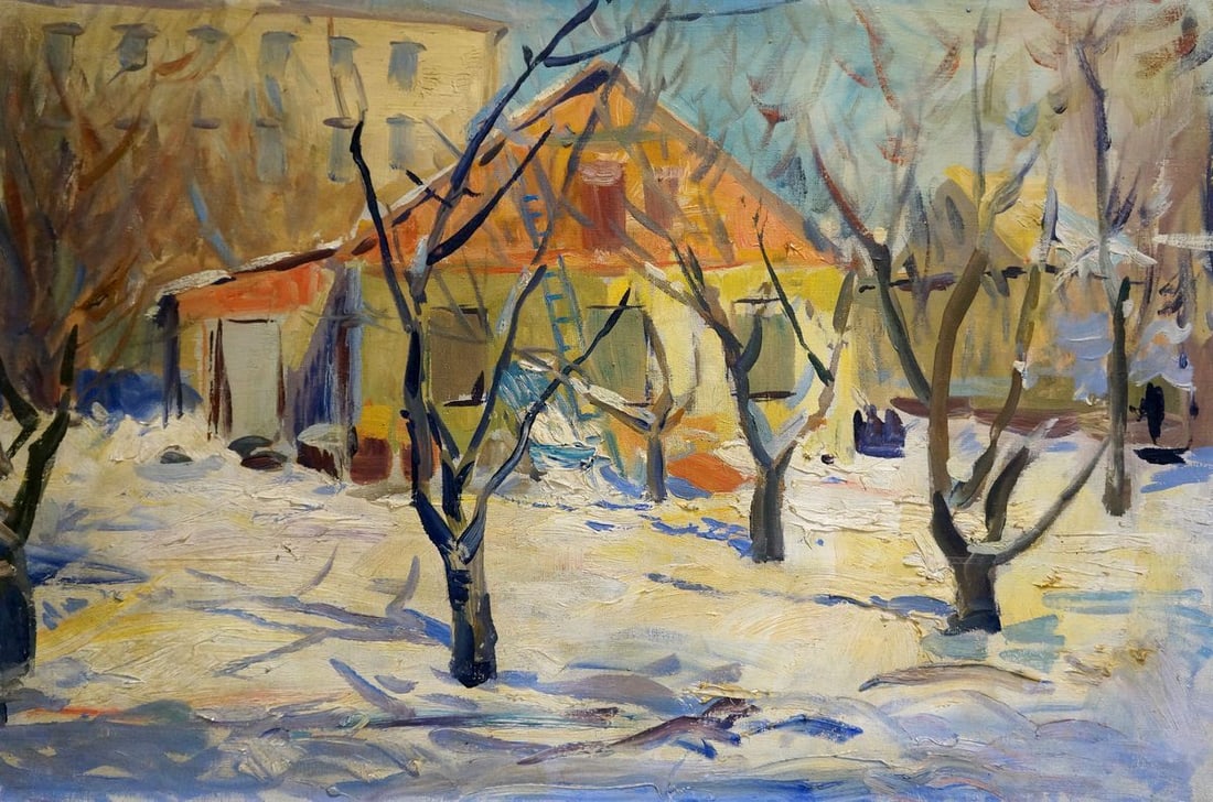 Oil painting Winter town landscape: Title: Oil painting Winter town landscape Description: NoVern 1005 *** ABOUT THIS PAINTING *** * TITLE: "Winter town landscape" * ARTISTS: Unknown artist * SIZE: 54x81 cm/'21.25x31.88 inches' * MEDIUM