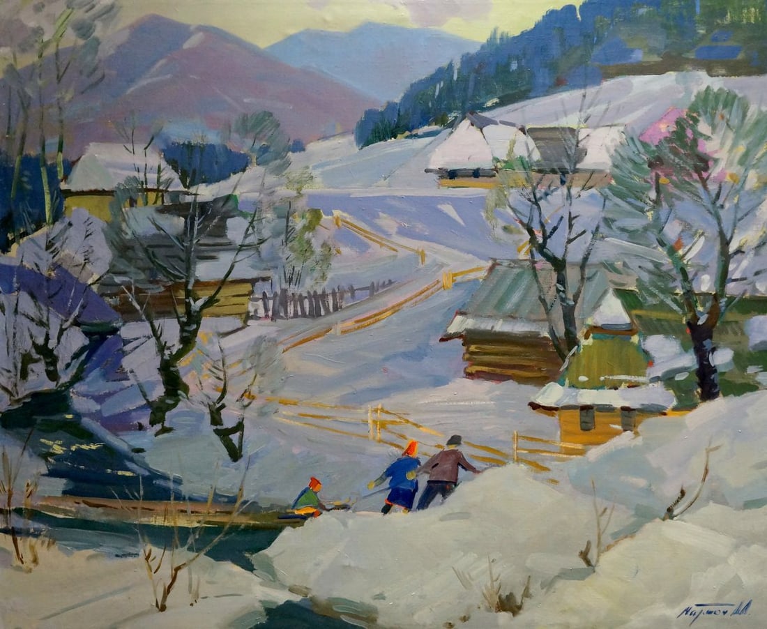 Oil painting Winter landscape in the village Marton Adalbert Aleksandrovich (1 of 10)