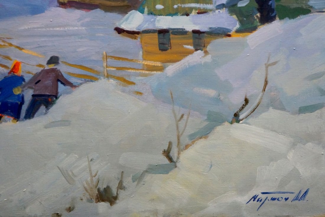 Oil painting Winter landscape in the village Marton Adalbert Aleksandrovich - 5