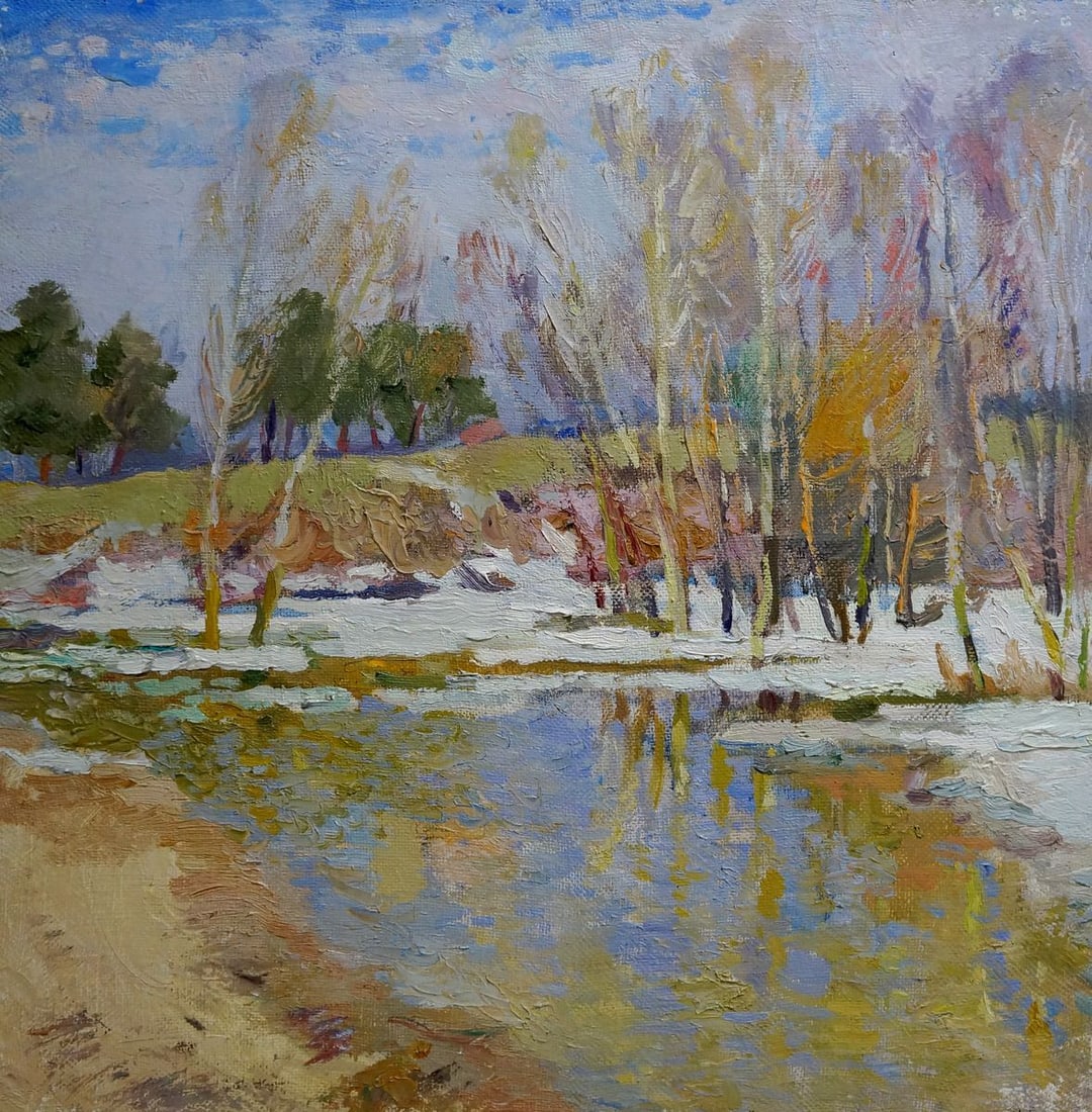 Oil painting End of winter Mynka Alexander Fedorovich: Title: Oil painting End of winter Mynka Alexander Fedorovich Description: NoVern 1100 *** ABOUT THIS PAINTING *** * TITLE: "End of winter" * ARTISTS: Mynka Alexander Fedorovich * SIZE: 50x50.1 cm/'19.