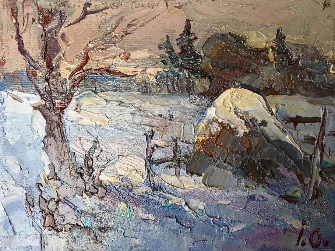 Oil painting Morning frosty dawn Kalenyuk Oksana: Title: Oil painting Morning frosty dawn Kalenyuk Oksana Description: NoAAA2683 The oil painting portrays a serene and chilly winter morning, where snow has blanketed the entire landscape. The artist h