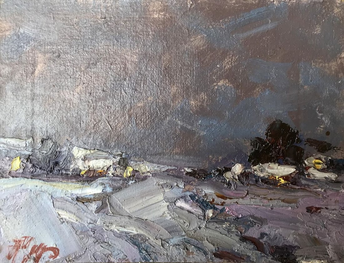 Oil painting Winter evening Alexander Nikolaevich Cherednichenko: Title: Oil painting Winter evening Alexander Nikolaevich Cherednichenko Description: NoAAA2689 The oil painting captures the serene beauty of an evening winter landscape, with a vast snow-covered fiel