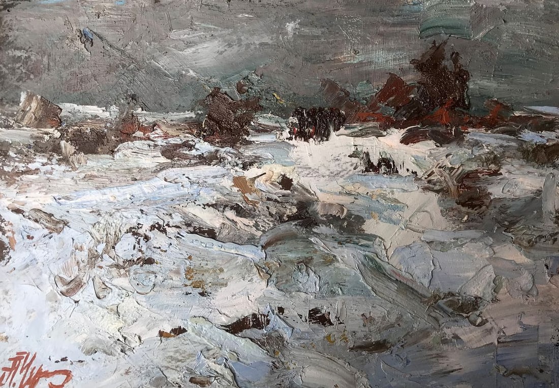 Oil painting Winter steppes Alexander Nikolaevich Cherednichenko: Title: Oil painting Winter steppes Alexander Nikolaevich Cherednichenko Description: NoAAA2694 The oil painting captures the essence of a serene winter day, with a field completely blanketed by gliste