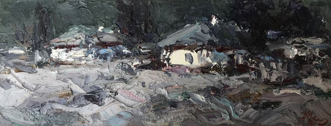 Oil painting Night has come Alexander Nikolaevich Cherednichenko: Title: Oil painting Night has come Alexander Nikolaevich Cherednichenko Description: NoAAA2698 The oil painting captures the serene beauty of a winter night, with a charming village nestled in the for
