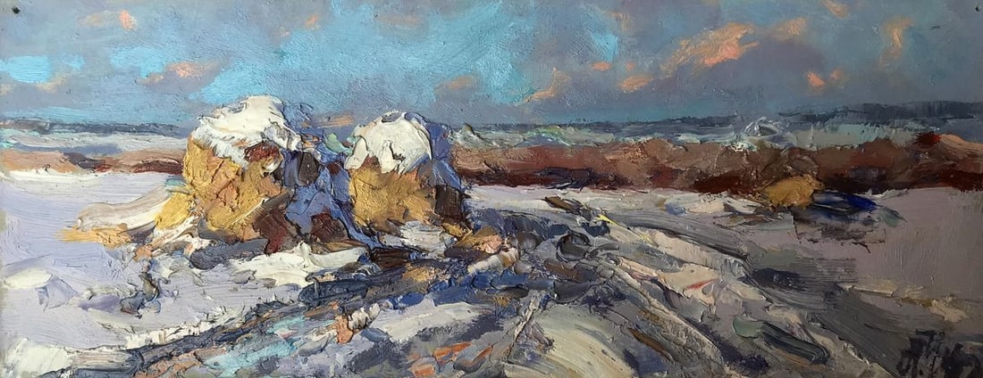 Oil painting Winter evening Alexander Nikolaevich Cherednichenko: Title: Oil painting Winter evening Alexander Nikolaevich Cherednichenko Description: NoAAA2714 The oil painting captures the serene beauty of a winter landscape with remarkable detail. The artist has 