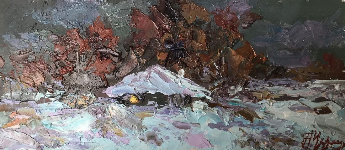 Oil painting Outskirts of the village Alexander Nikolaevich Cherednichenko: Title: Oil painting Outskirts of the village Alexander Nikolaevich Cherednichenko Description: NoAAA2716 The oil painting captures the serene beauty of a winter evening in the countryside. The first t