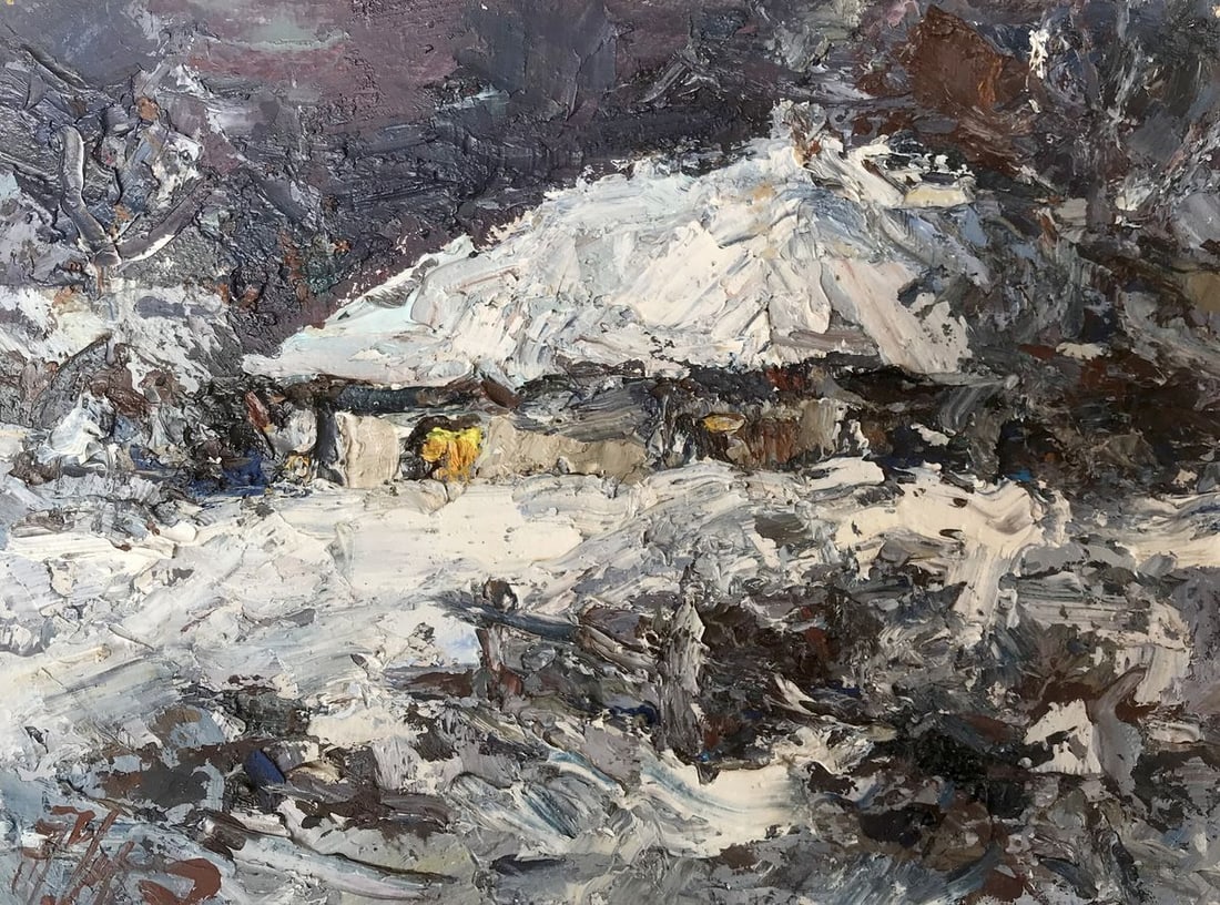 Oil painting House Alexander Nikolaevich Cherednichenko: Title: Oil painting House Alexander Nikolaevich Cherednichenko Description: NoAAA2717 The oil painting portrays a serene winter evening in the countryside, evoking a sense of peace and tranquility. Th