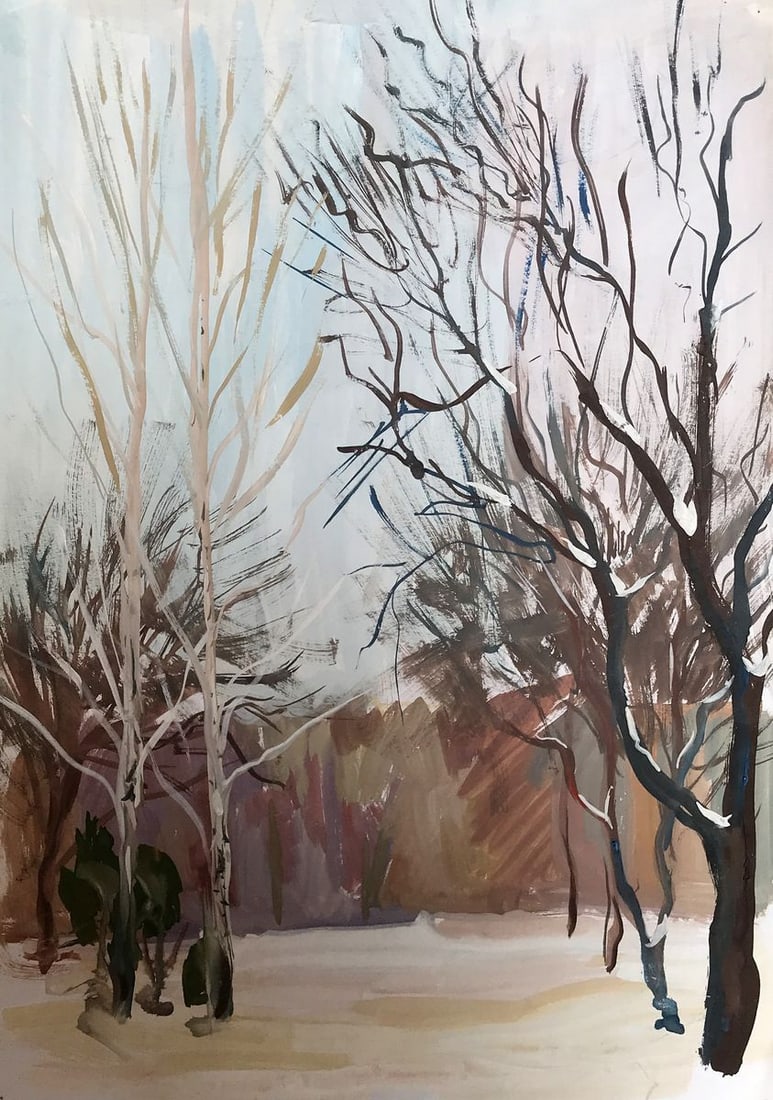Gouache painting Winter Forest Unknown artist: Title: Gouache painting Winter Forest Unknown artist Description: NoAAA2787 The painting in gouache paints depicts a serene winter landscape with a forest covered in a thick layer of snow. The foregro