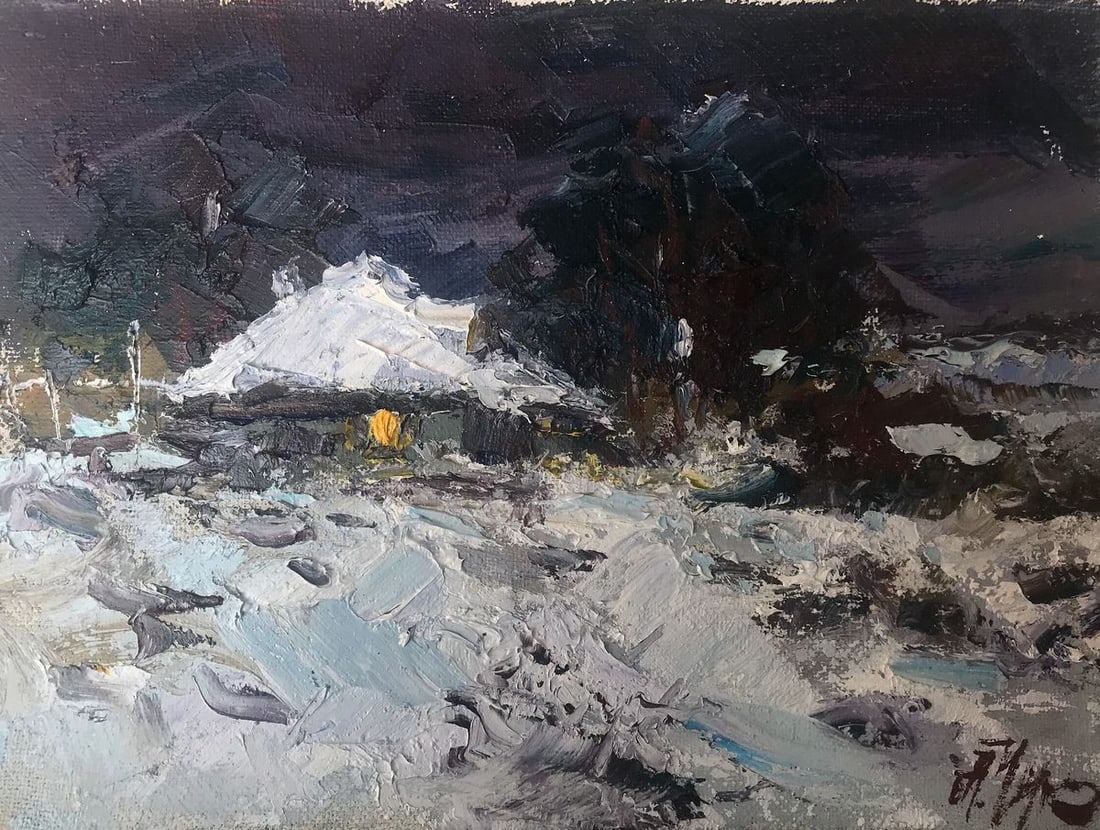 Oil painting Evening Alexander Nikolaevich Cherednichenko: Title: Oil painting Evening Alexander Nikolaevich Cherednichenko Description: NoAAA2799"Evening" is an enchanting oil painting that captures the serene beauty of a winter landscape. The scene unfolds 