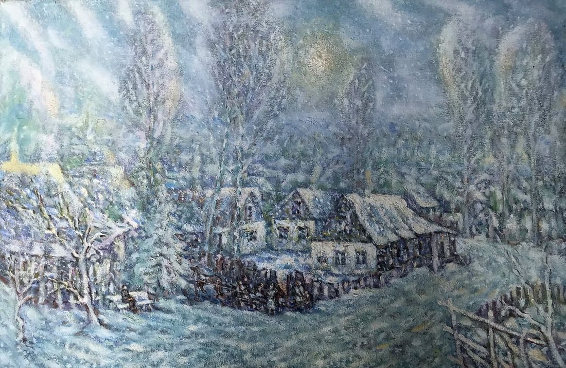 Oil painting Winter in the village Shapoval Ivan Leontyevich: Title: Oil painting Winter in the village Shapoval Ivan Leontyevich Description: NoAAA3025"Winter in the Countryside" is an enchanting oil painting that captures the serene beauty of a snow-covered vi
