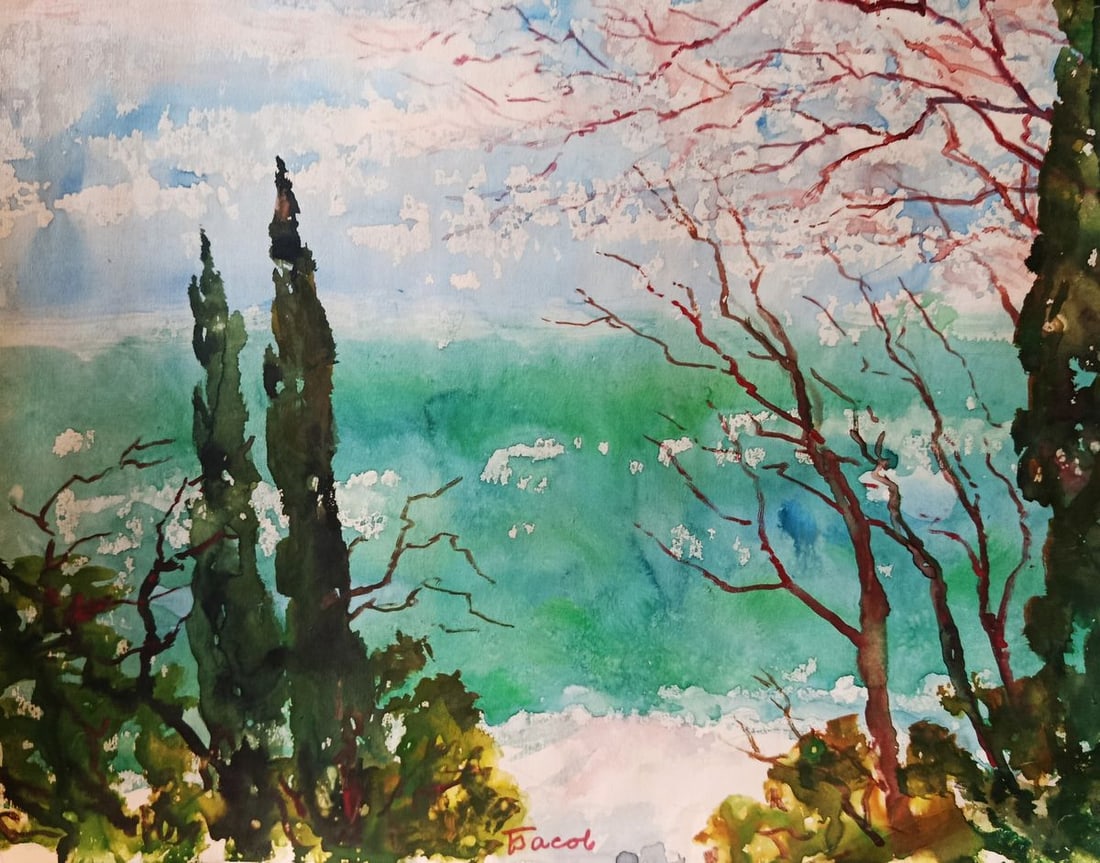Watercolor painting Flowering trees on the seashore Yakov Basov: Title: Watercolor painting Flowering trees on the seashore Yakov Basov Description: NoVerne 438*** ABOUT THIS PAINTING **** TITLE: "Flowering trees on the seashore"* ARTISTS: Yakov Basov* SIZE: -x- cm
