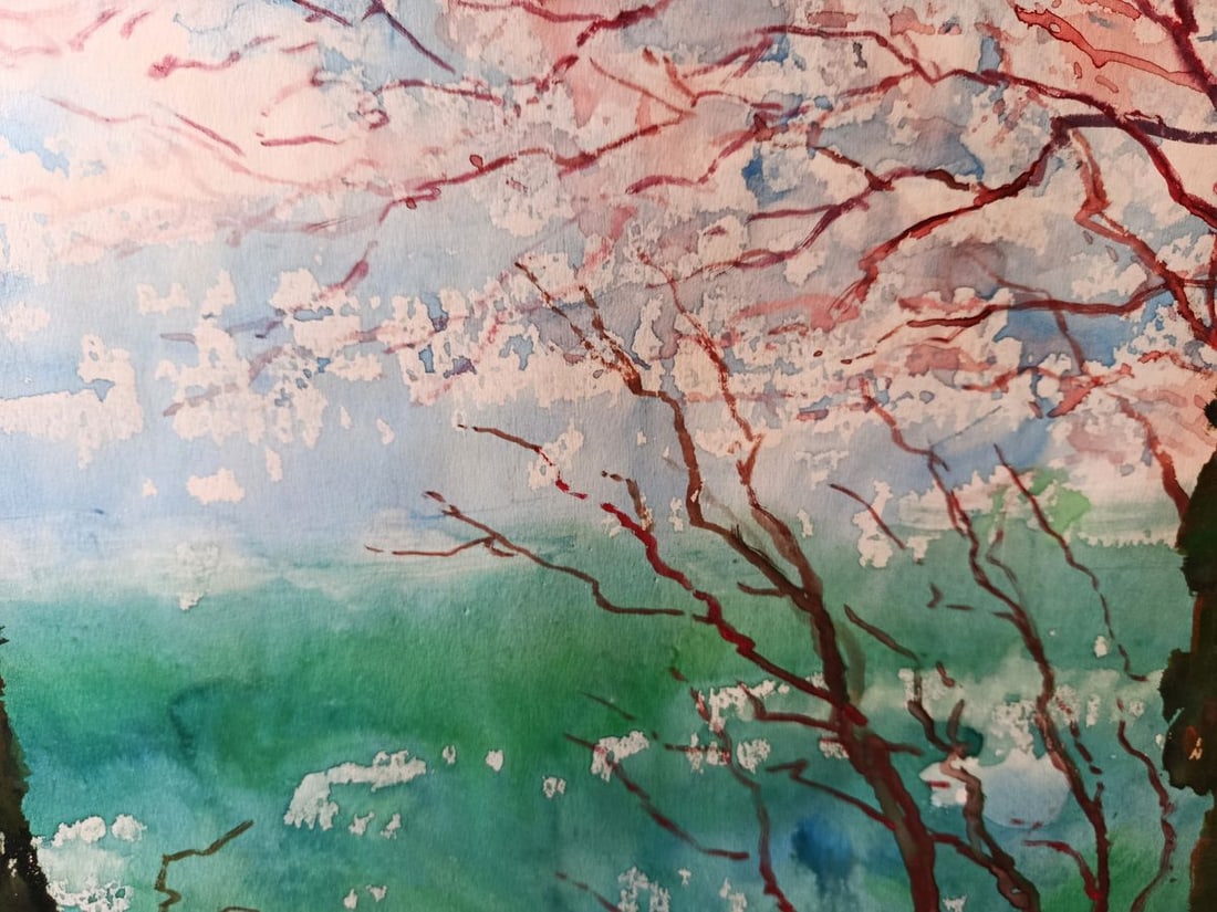Watercolor painting Flowering trees on the seashore Yakov Basov - 2