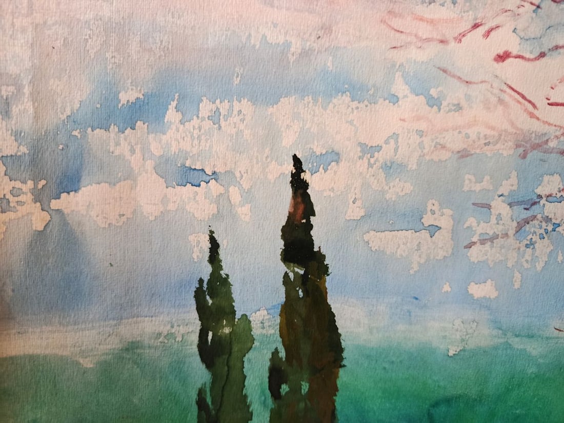 Watercolor painting Flowering trees on the seashore Yakov Basov - 3