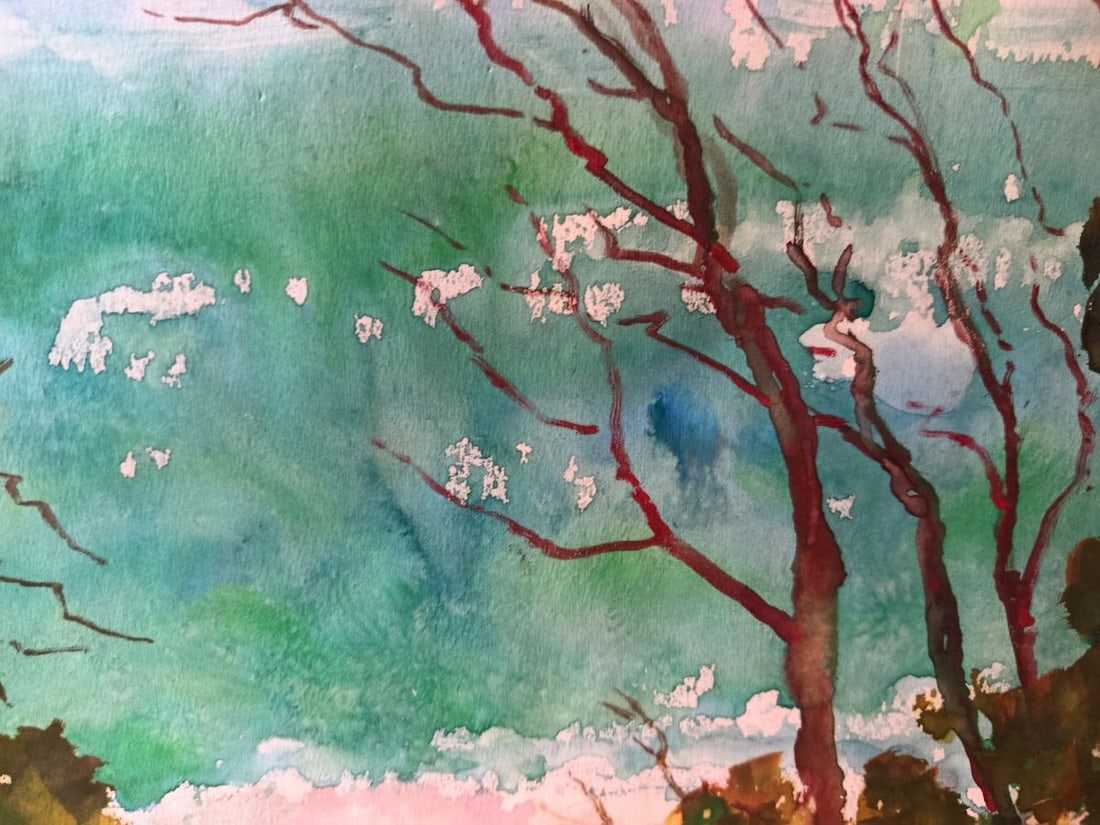 Watercolor painting Flowering trees on the seashore Yakov Basov - 4