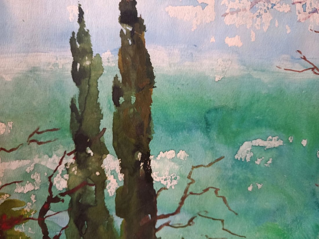 Watercolor painting Flowering trees on the seashore Yakov Basov - 5