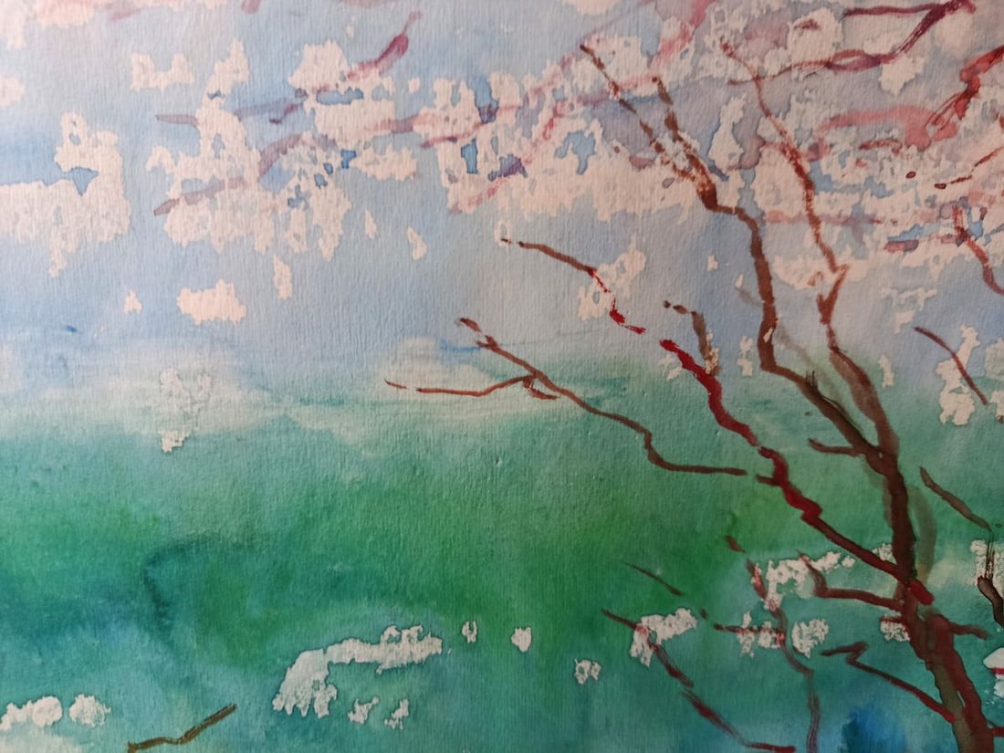 Watercolor painting Flowering trees on the seashore Yakov Basov - 7
