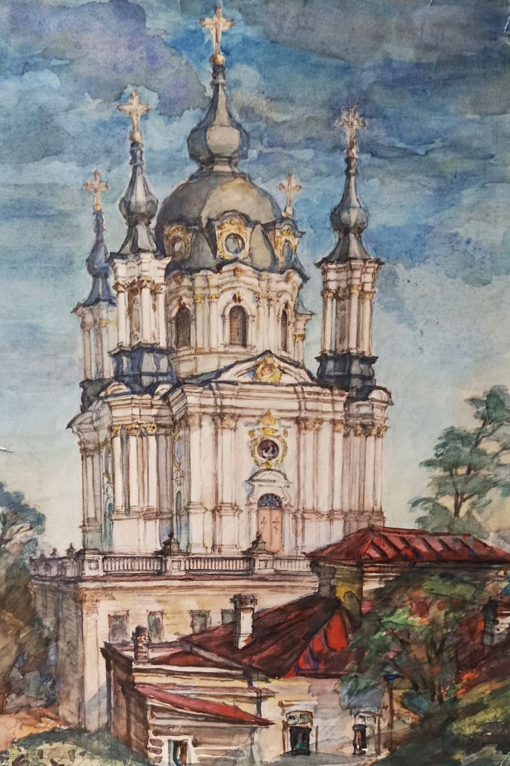 Watercolor painting Church to the Clouds Unknown artist (1 of 10)
