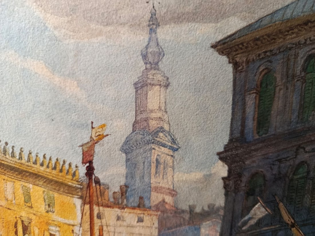 Watercolor painting City boat ferry Unknown artist - 4