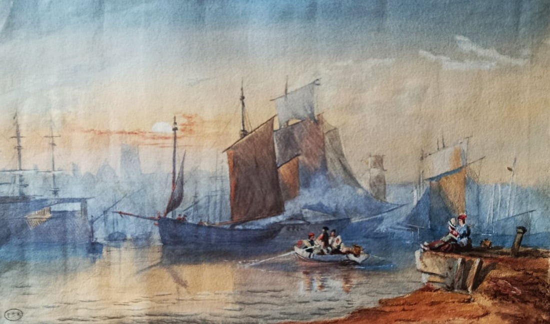 Watercolor painting Ships and sea evening Unknown artist: Title: Watercolor painting Ships and sea evening Unknown artist Description: NoVerne 446*** ABOUT THIS PAINTING **** TITLE: "Ships and sea evening"* ARTISTS: Unknown artist* SIZE: 30x50 cm/'11.81x19.6