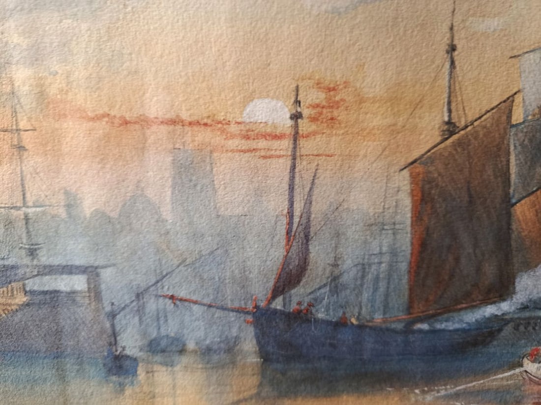 Watercolor painting Ships and sea evening Unknown artist - 2