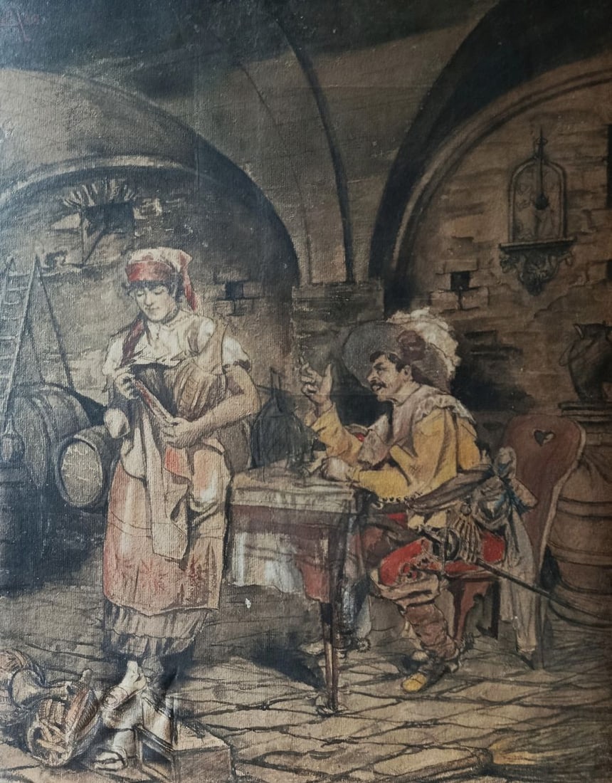 Watercolor painting Portrait of a musketeer and a girl Unknown artist (1 of 11)