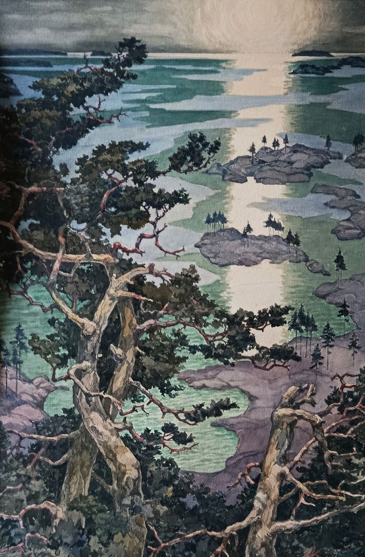 Watercolor painting The sun sets over the river Alexey Kozlov (1 of 11)