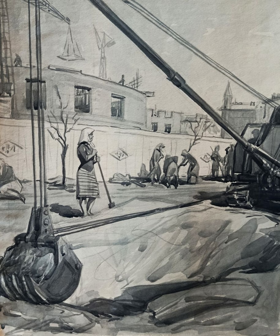 Watercolor painting Working people Unknown artist (1 of 10)
