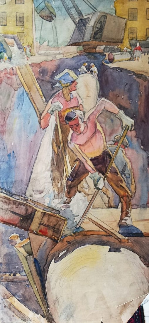 Watercolor painting People at a construction site Unknown artist (1 of 10)