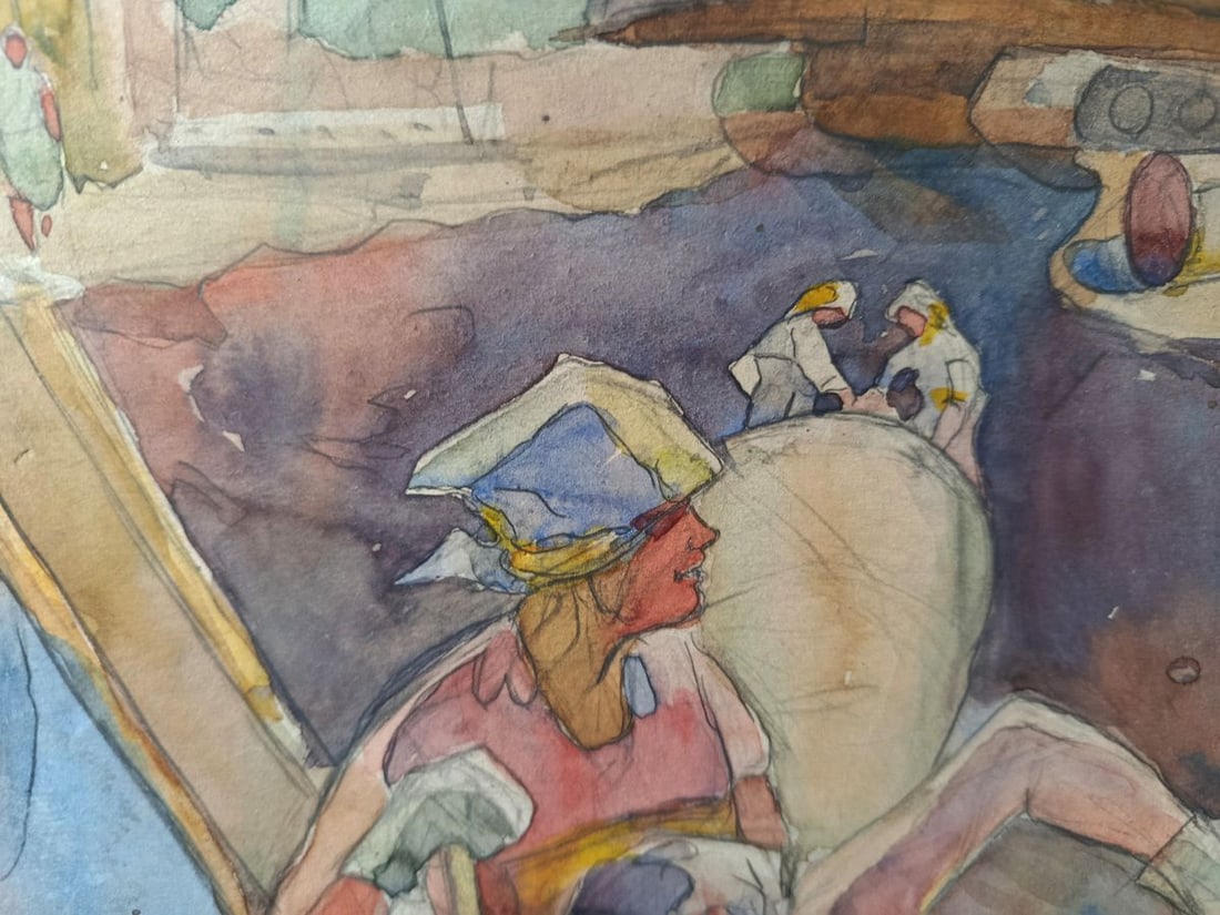 Watercolor painting People at a construction site Unknown artist - 4