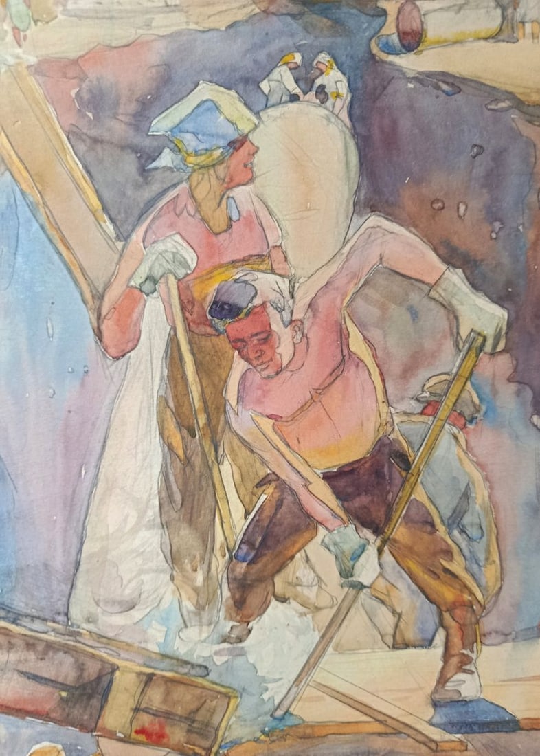 Watercolor painting People at a construction site Unknown artist - 8