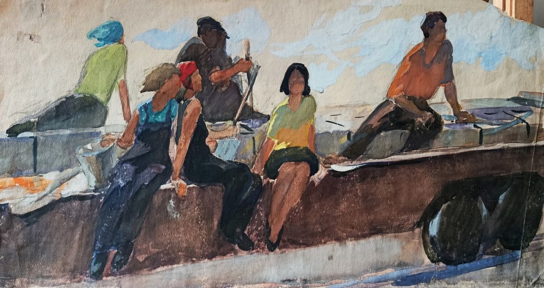 Watercolor painting Workers on vacation Unknown artist (1 of 10)
