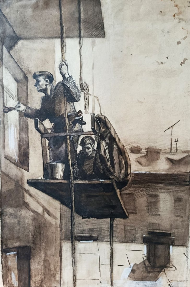 Watercolor painting Workers are repairing the walls Unknown artist (1 of 10)