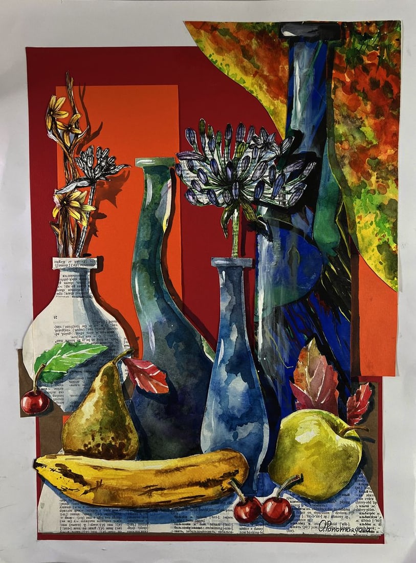 Watercolor painting Fruit and flower still life Olga Ponomaryova - 3