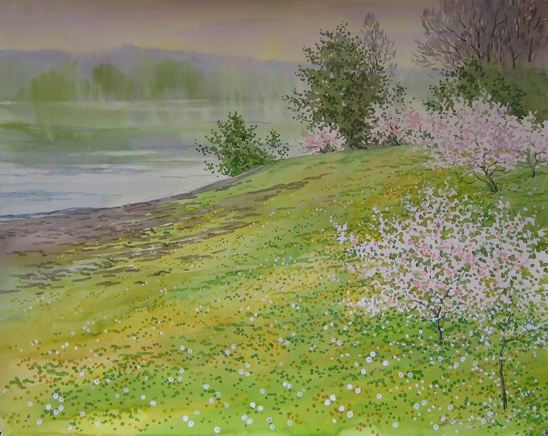 Watercolor painting Trees bloom near the shore Valery Savenets: Title: Watercolor painting Trees bloom near the shore Valery Savenets Description: NoSav 387*** ABOUT THIS PAINTING **** TITLE: "Trees bloom near the shore"* ARTISTS: Valery Savenets* SIZE: 40x50 cm/'