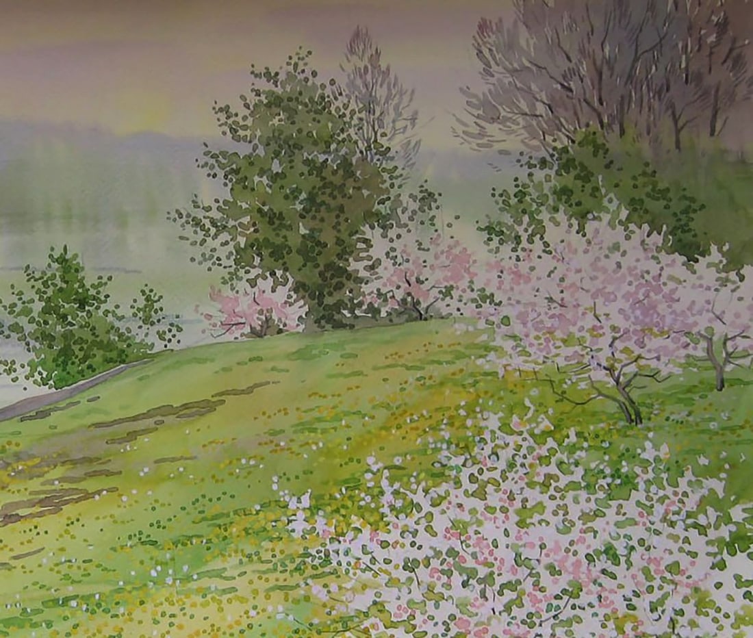 Watercolor painting Trees bloom near the shore Valery Savenets - 5
