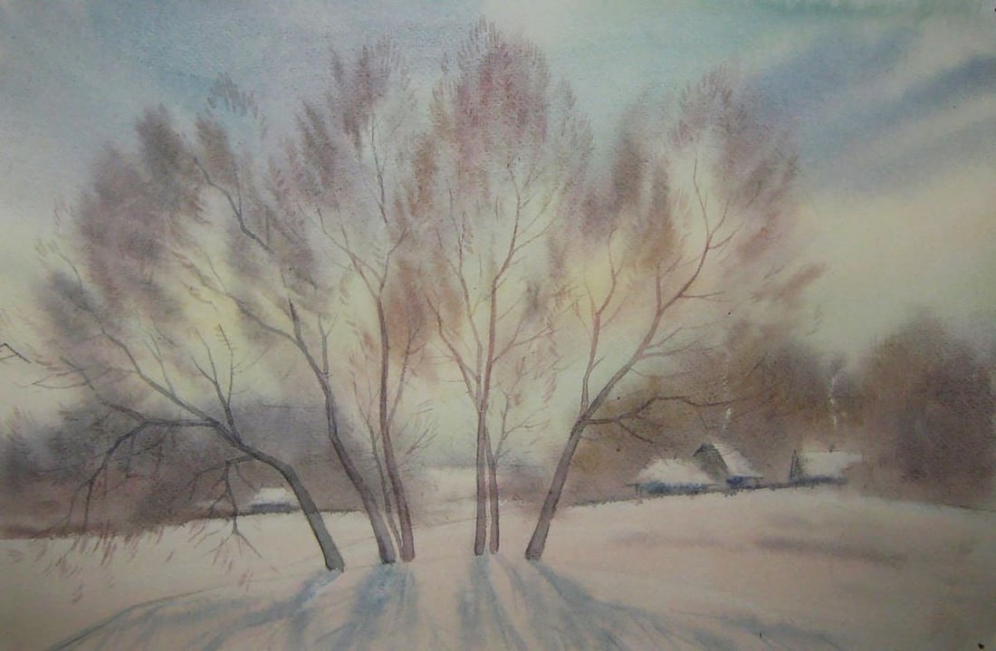 Watercolor painting Winter morning Valery Savenets: Title: Watercolor painting Winter morning Valery Savenets Description: NoSav 402*** ABOUT THIS PAINTING **** TITLE: "Winter morning"* ARTISTS: Valery Savenets* SIZE: 20x30 cm/'7.87x11.81 inches'* MEDI