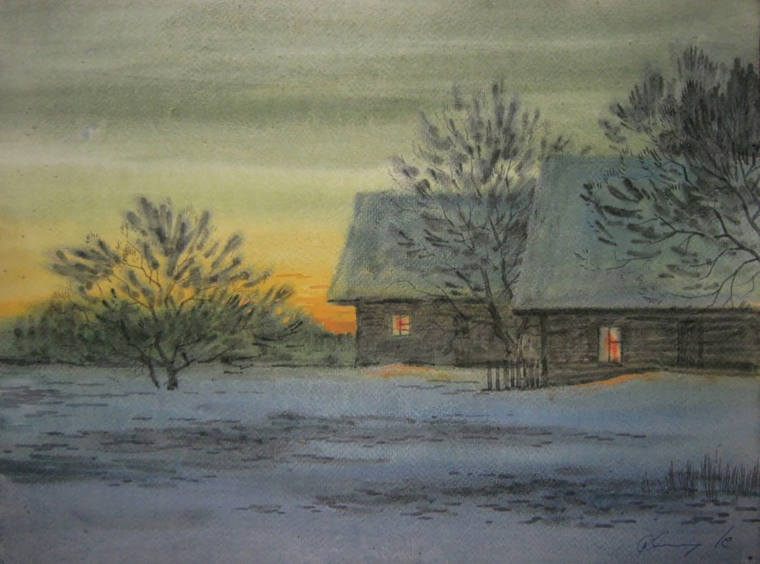 Watercolor painting Winter evening in the village Valery Savenets (1 of 6)