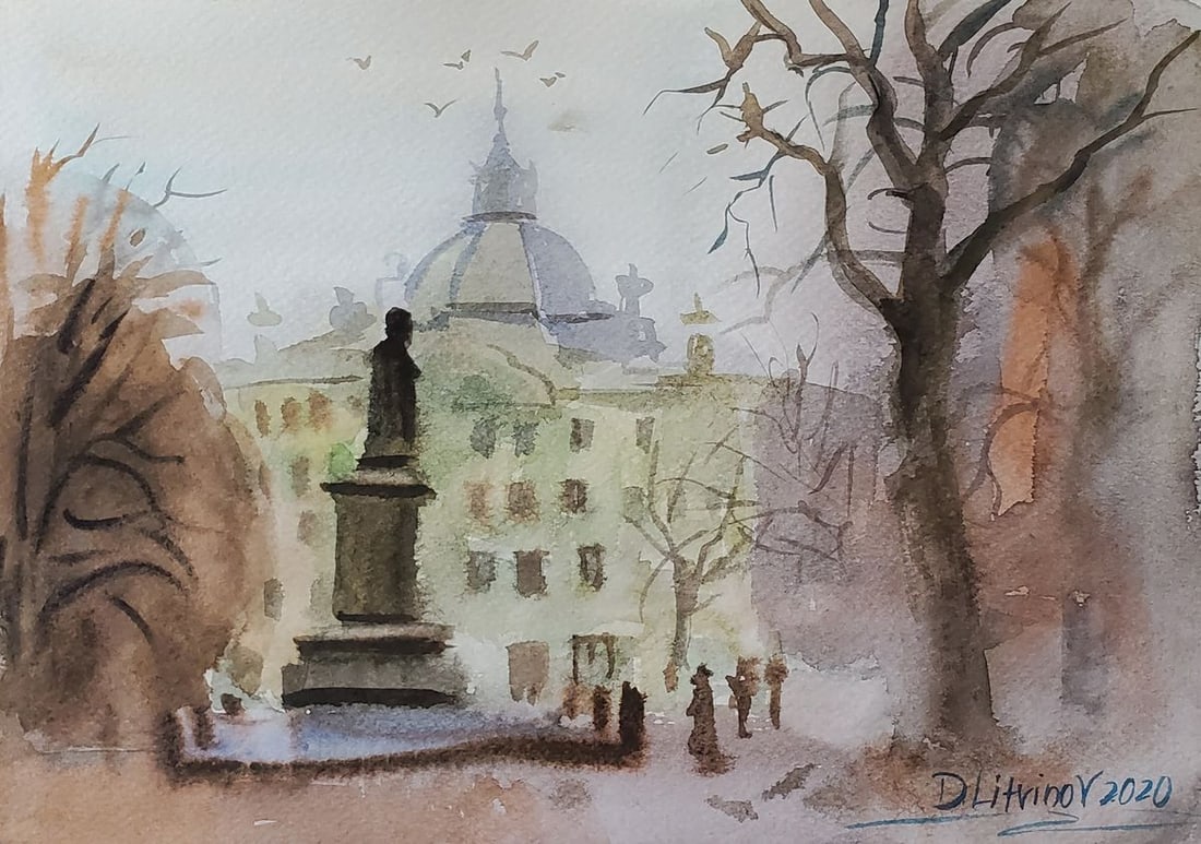 Watercolor painting Monument in the city park Daniil Litvinov (1 of 6)
