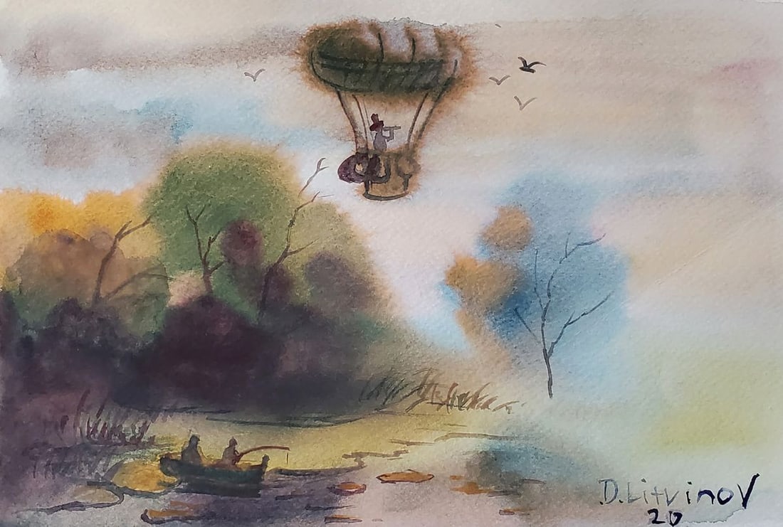 Watercolor painting Landscape with air balloon Daniil Litvinov: Title: Watercolor painting Landscape with air balloon Daniil Litvinov Description: NoLitv 1218*** ABOUT THIS PAINTING **** TITLE: "Landscape with air balloon"* ARTISTS: Daniil Litvinov* SIZE: 18x26