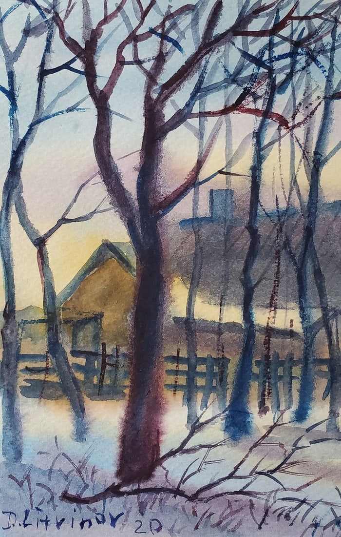Watercolor painting Winter evening Daniil Litvinov - 5