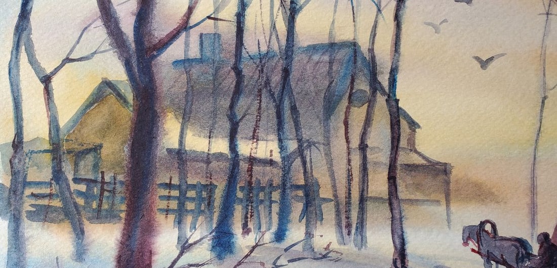 Watercolor painting Winter evening Daniil Litvinov - 6
