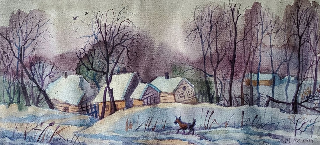 Watercolor painting Winter village Daniil Litvinov (1 of 6)
