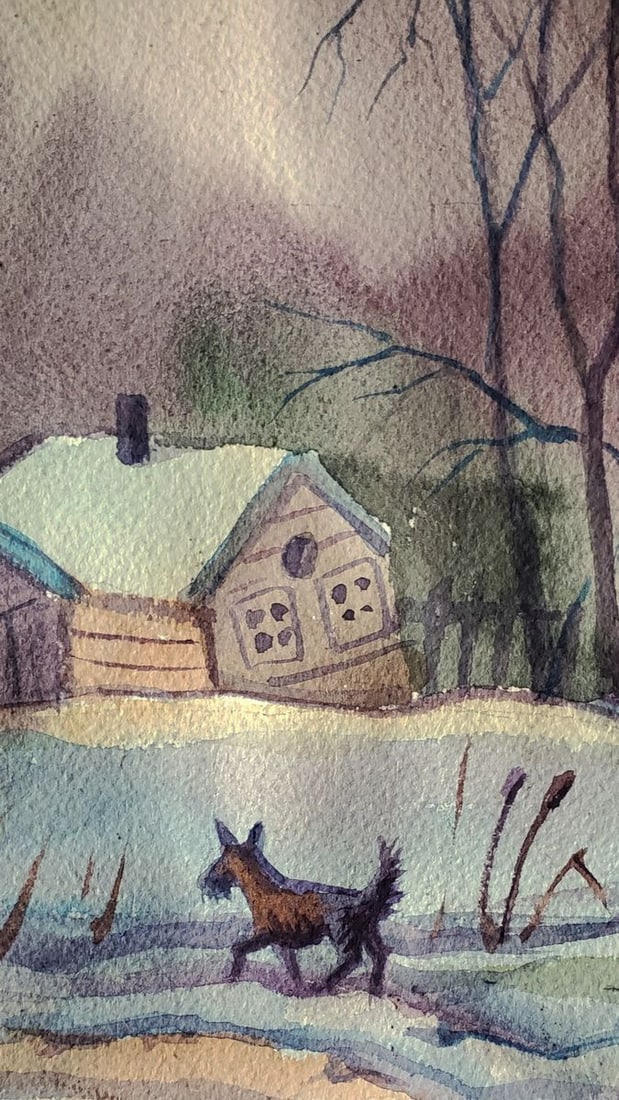 Watercolor painting Winter village Daniil Litvinov - 2