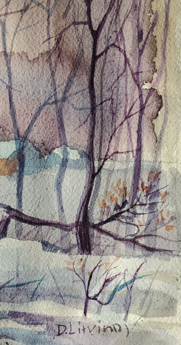 Watercolor painting Winter village Daniil Litvinov - 3