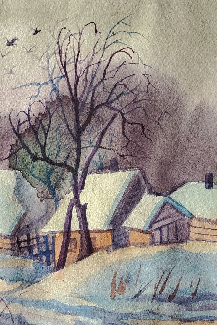 Watercolor painting Winter village Daniil Litvinov - 4