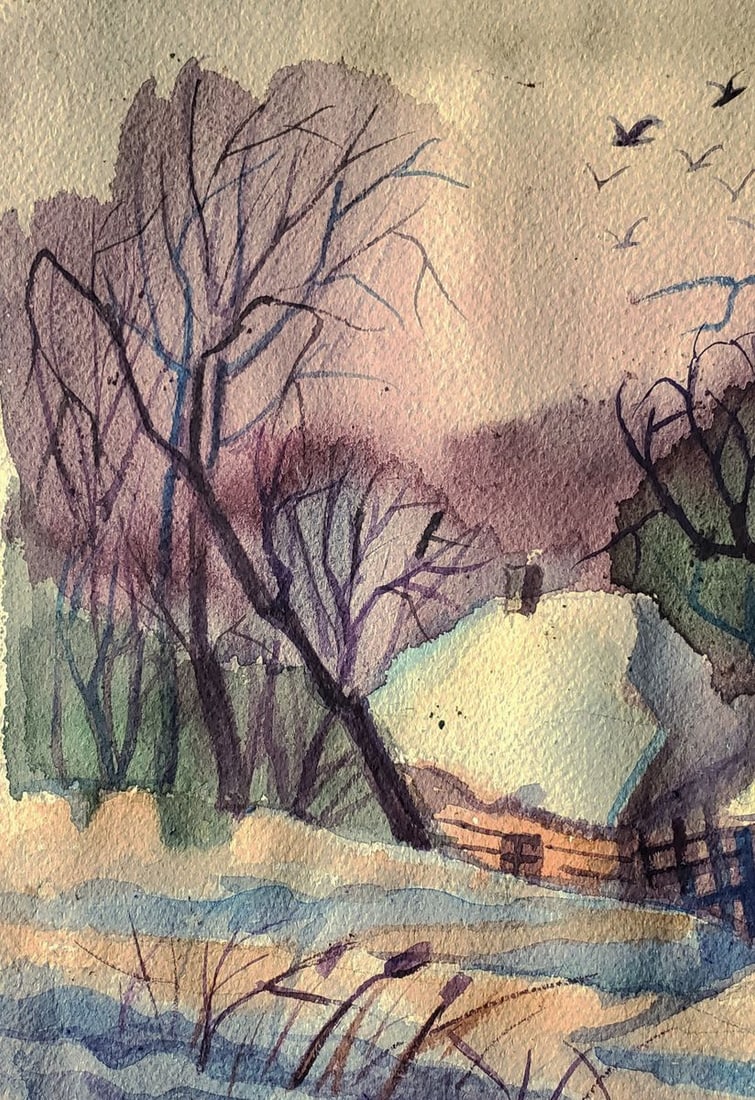 Watercolor painting Winter village Daniil Litvinov - 5