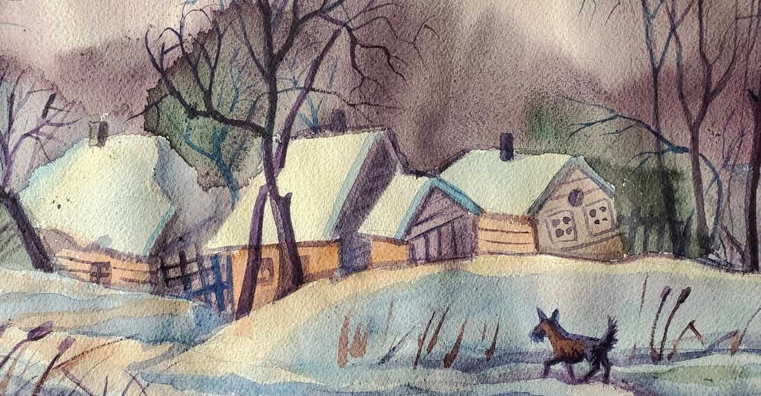 Watercolor painting Winter village Daniil Litvinov - 6